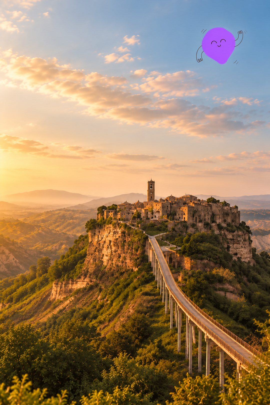 Civita di Bagnoregio al tramonto, con il ponte pedonale che sale verso il borgo sulla rupe di tufa e la mascotte Guidy nel cielo