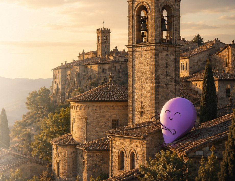 Borgo toscano al tramonto con la mascotte Guidy seduta su un tetto